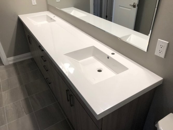 Double sink Vanity Top in Solid White with 2" Enhanced Edge.